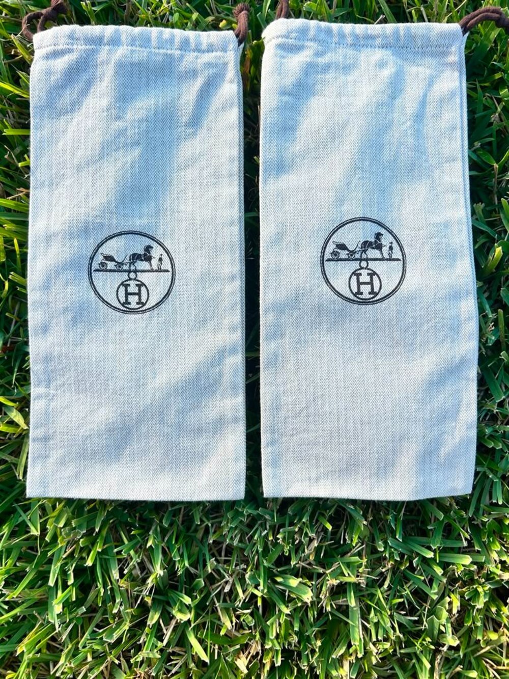 Authentic Hermès Herringbone Cotton Shoe Dust Bags  Set of 2 –   6.75” x 14.75